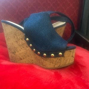 Dark blue denim wedge heel shoes